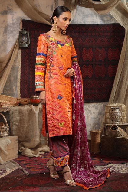 Moazzam Khan Party Wear 3PC Shirt Trouser Dupatta in Orange for Women