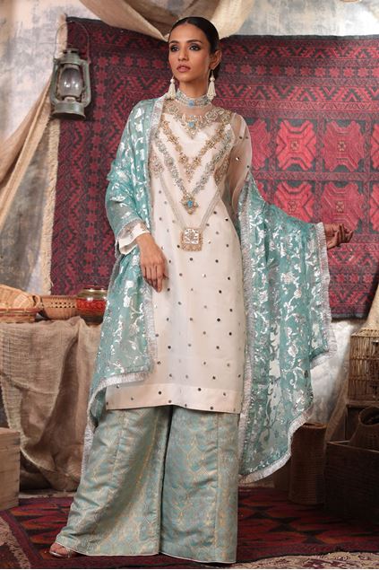 Moazzam Khan Party Wear 3PC  Shirt Dhakka Dupatta in Ferozi for Women